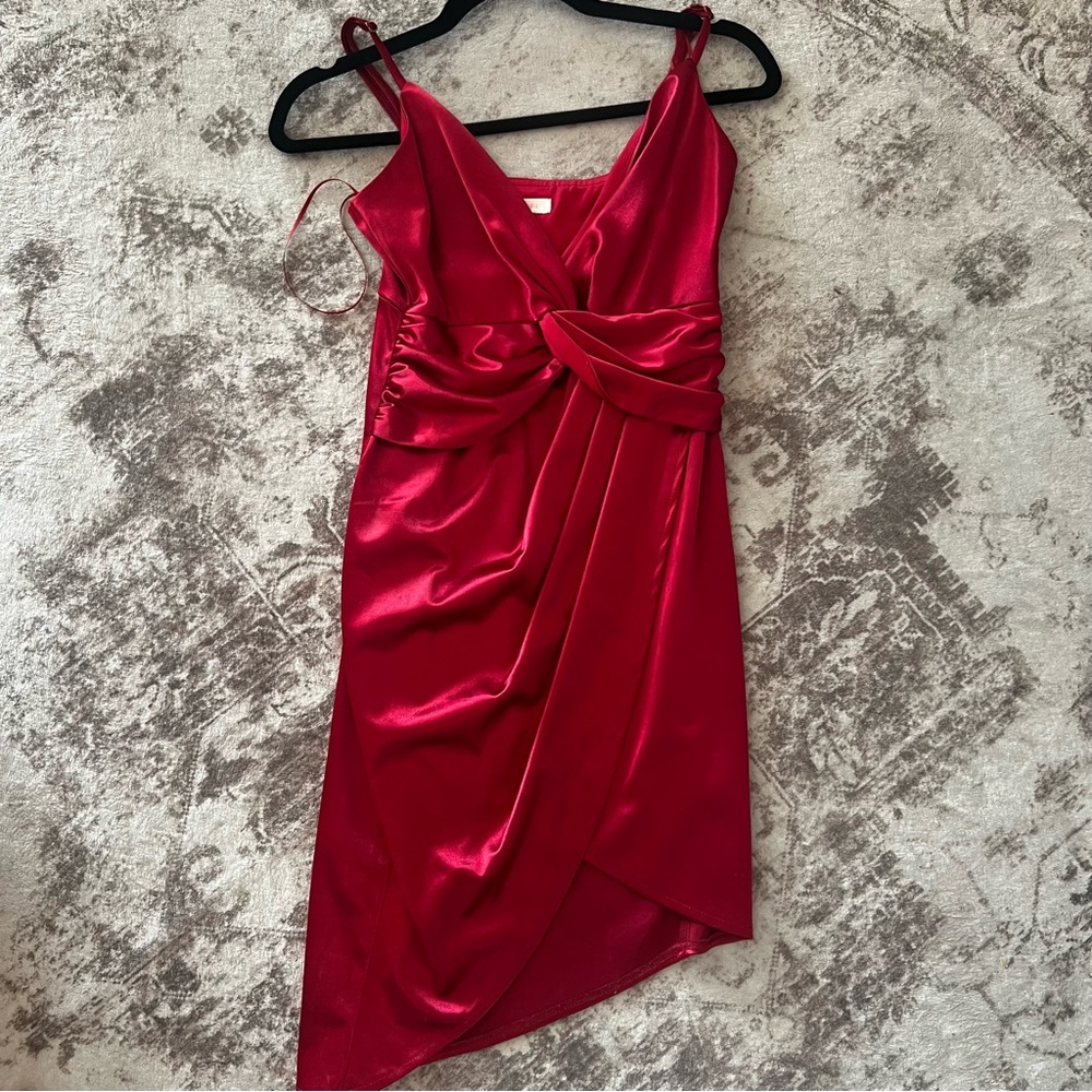 Luxxel Asymmetrical Red Satin Dress